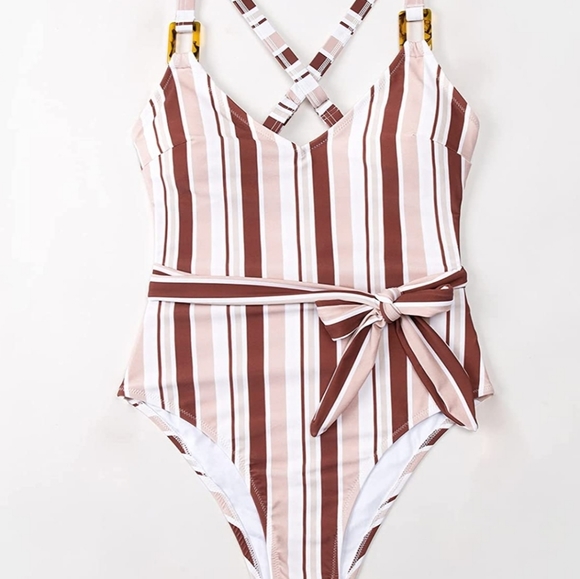 NWT CUPSHE Striped Cross Back Belted One Piece - Picture 3 of 7